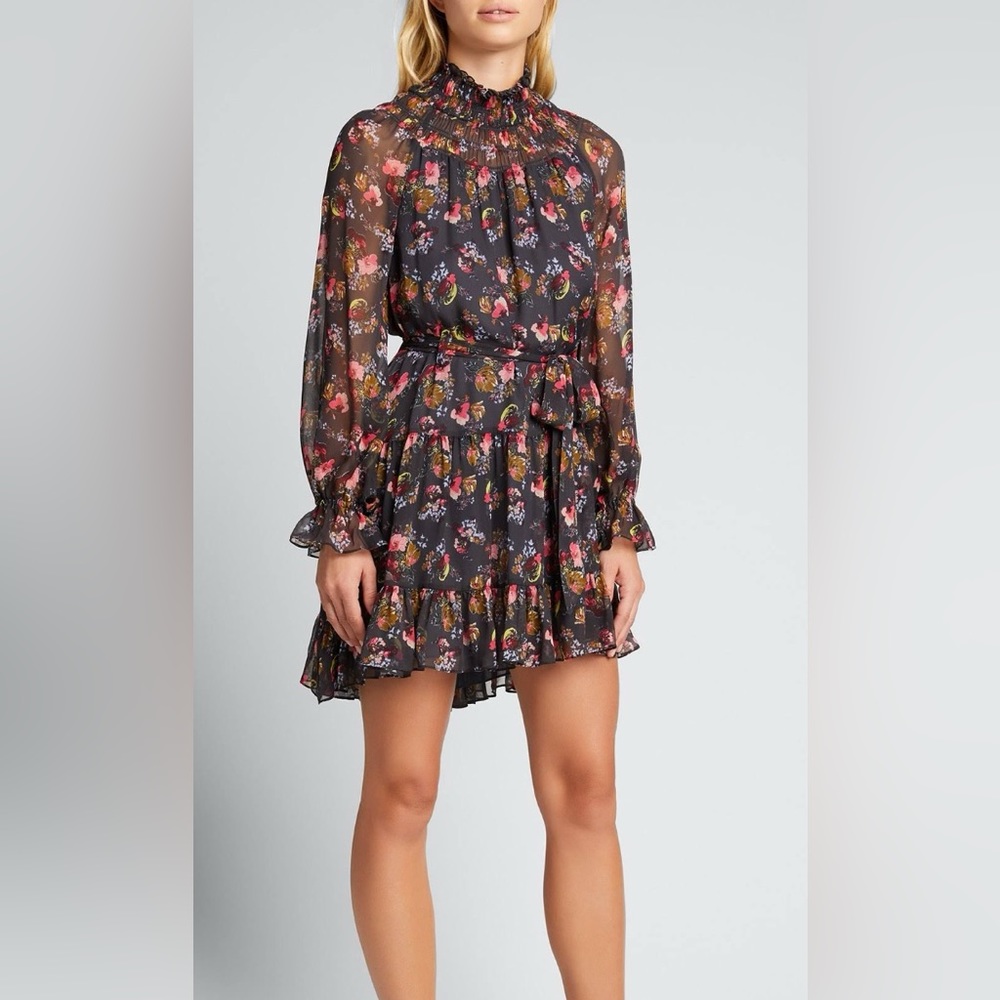 CINQ À SEPT   Daija Belted Tiered Floral-print Chiffon Mini Dress In Charcoal